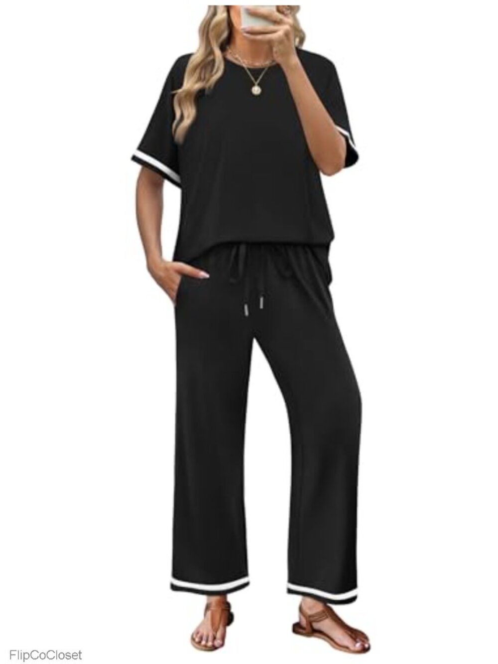 2 Piece Lounge Set Short Sleeve Wide Leg Pants Drawstring